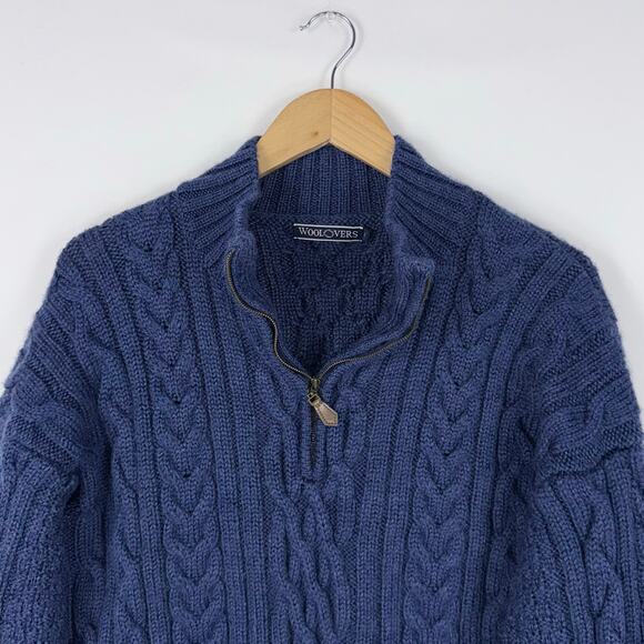 Woolovers Sweater L Blue Chunky Fisherman Cable Heavyweight 100% British Wool - Picture 3 of 12